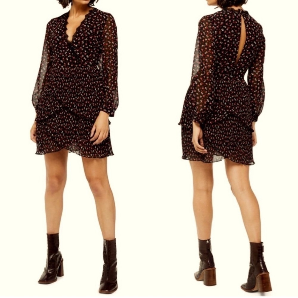 Topshop Black Pleated Ruffle Floral Dress Size: 12